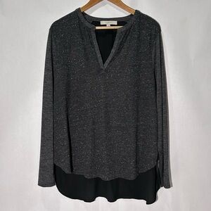Ann Taylor Loft Mixed Material Split-Neck Long Sleeve Blouse